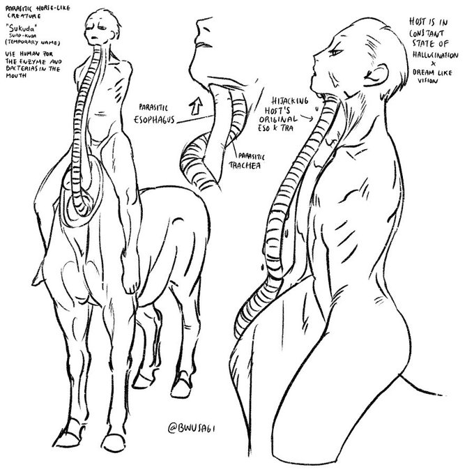 Thought of a parasitic horse-like creature "Sukuda" as a temporary name. It captures humans and invade their digestive and respiratory system for its survival needs.
It makes the human as a watchdog and eat poisonous plants which will go into the Sukuda's stomach instead. 