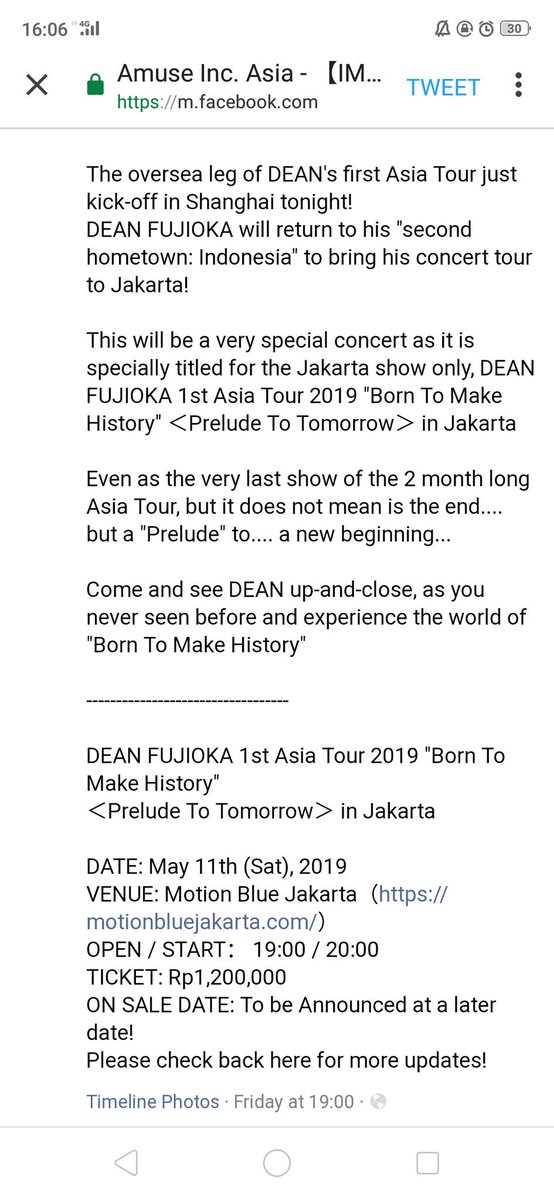 Dean Fujioka will hold a concert in Jakarta on 11 May 2019. m.facebook.com/Amuse.Inc.Asia…