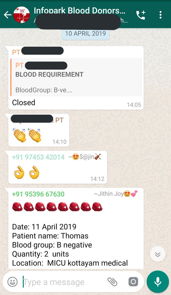 ദിവസം പത്ത് ബ്ലഡ് ഡൊണേഷൻ request വരെ പ്രോസസ് ചെയ്ത് കൊടുക്കുന്ന ഞങ്ങളുടെ ബ്ലഡ് ഡൊണേഷൻ ഗ്രൂപ്പ് ആണ് ഇത്. ബ്ലഡ് അറേഞ്ച് ചെയ്ത് 'Closed', എന്ന് എഴുതിയിട്ടില്ലേ, ഞങ്ങളുടെ പുലിക്കുട്ടിയാണ് അത്. പെണ്കുട്ടി തന്നെ.