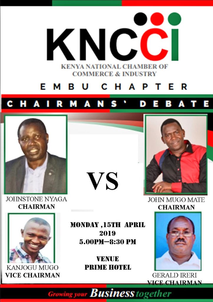 SkyThe5th's tweet photo. The heated Kenya National Chamber of Commerce and Industry ongoing campaigns has resulted to a live debate in Embu county. Debate will take place on Monday 15th at Prime Hotel ahead of elections on 17th/04/19. #EmbuDebate https://t.co/BnKvyVovDZ