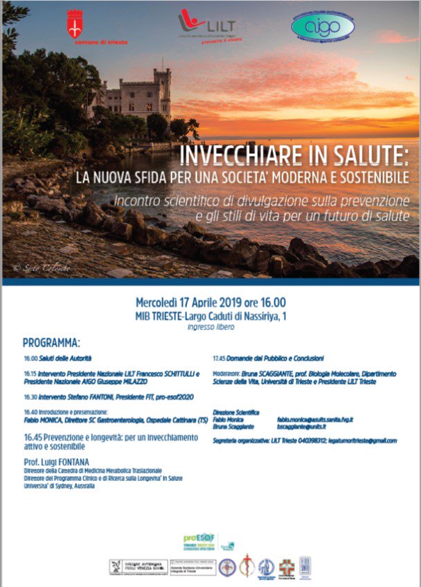 Lega Tumori Trieste (@lilttrieste) on Twitter photo "Invecchiare in salute": incontro con @LuigiFontana22 uno dei massimi esperti mondiali di nutrizione e stili di vita x favorire la longevità in salute. Trieste 17/4 ore 16 Mib <a href="/AssGastro/">AIGO</a> @ASUITrieste <a href="/UniTrieste/">Università di Trieste</a> <a href="/proESOFTrieste/">proESOF 2020 Trieste</a> <a href="/ComunediTrieste/">Comune di Trieste</a> <a href="/LILTnazionale/">LILT</a> "Invecchiare in salute": incontro con @LuigiFontana22 uno dei massimi esperti mondiali di nutrizione e stili di vita x favorire la longevità in salute. Trieste 17/4 ore 16 Mib <a href="/AssGastro/">AIGO</a> @ASUITrieste <a href="/UniTrieste/">Università di Trieste</a> <a href="/proESOFTrieste/">proESOF 2020 Trieste</a> <a href="/ComunediTrieste/">Comune di Trieste</a> <a href="/LILTnazionale/">LILT</a>