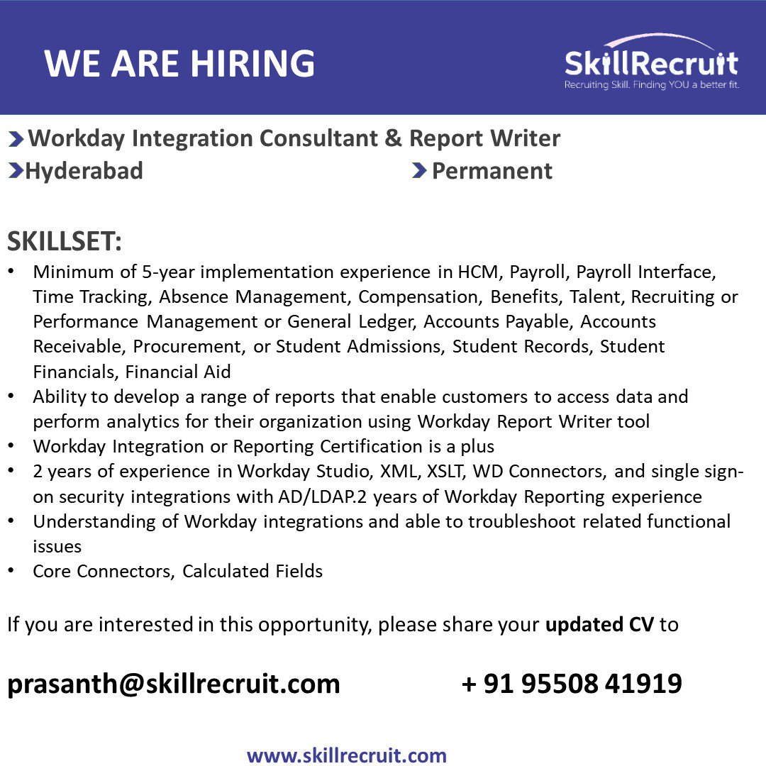 SkillRecruit's tweet photo. #Hiring #SkillRecruit #Workday #Integration #ReportWriter #ERP #Hyderabad #Skilliantech https://t.co/x3gXzdVyOx