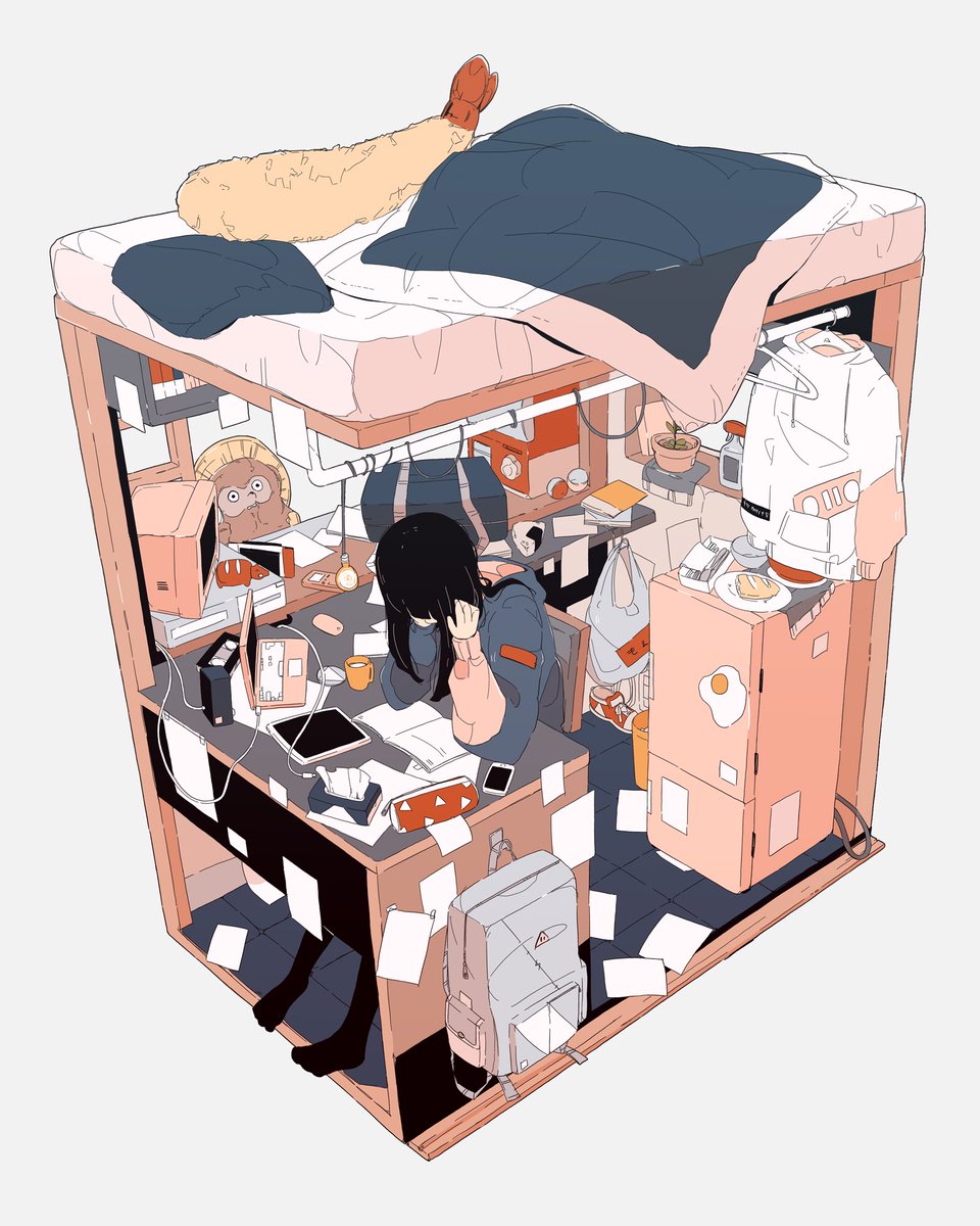 1girl solo messy room black hair food bag tissue box  illustration images