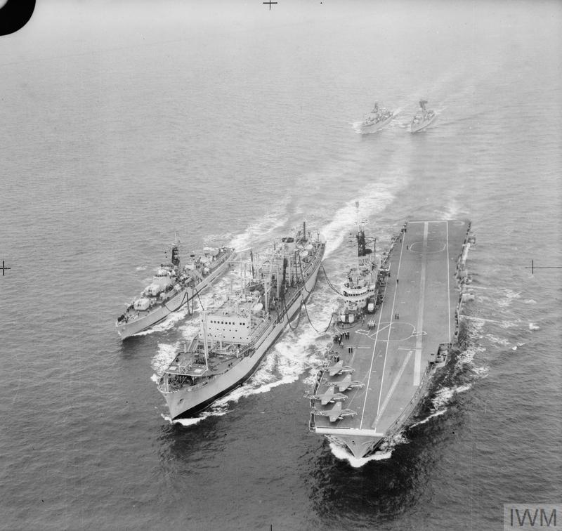 A demonstration in the Channel of refuelling at sea by the aircraft carrier HMS Centaur, the destroyer Dainty, and the Royal Fleet Auxiliary ship Tidesurge during Exercise 'Shop Window', 1960.