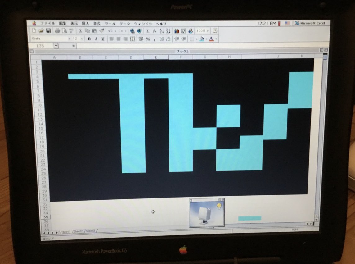 teke3in's tweet image. Excelで絵を描いた…

#Excel98 #Microsoft⁠ ⁠ #PowerBookG3 #Mac #Apple