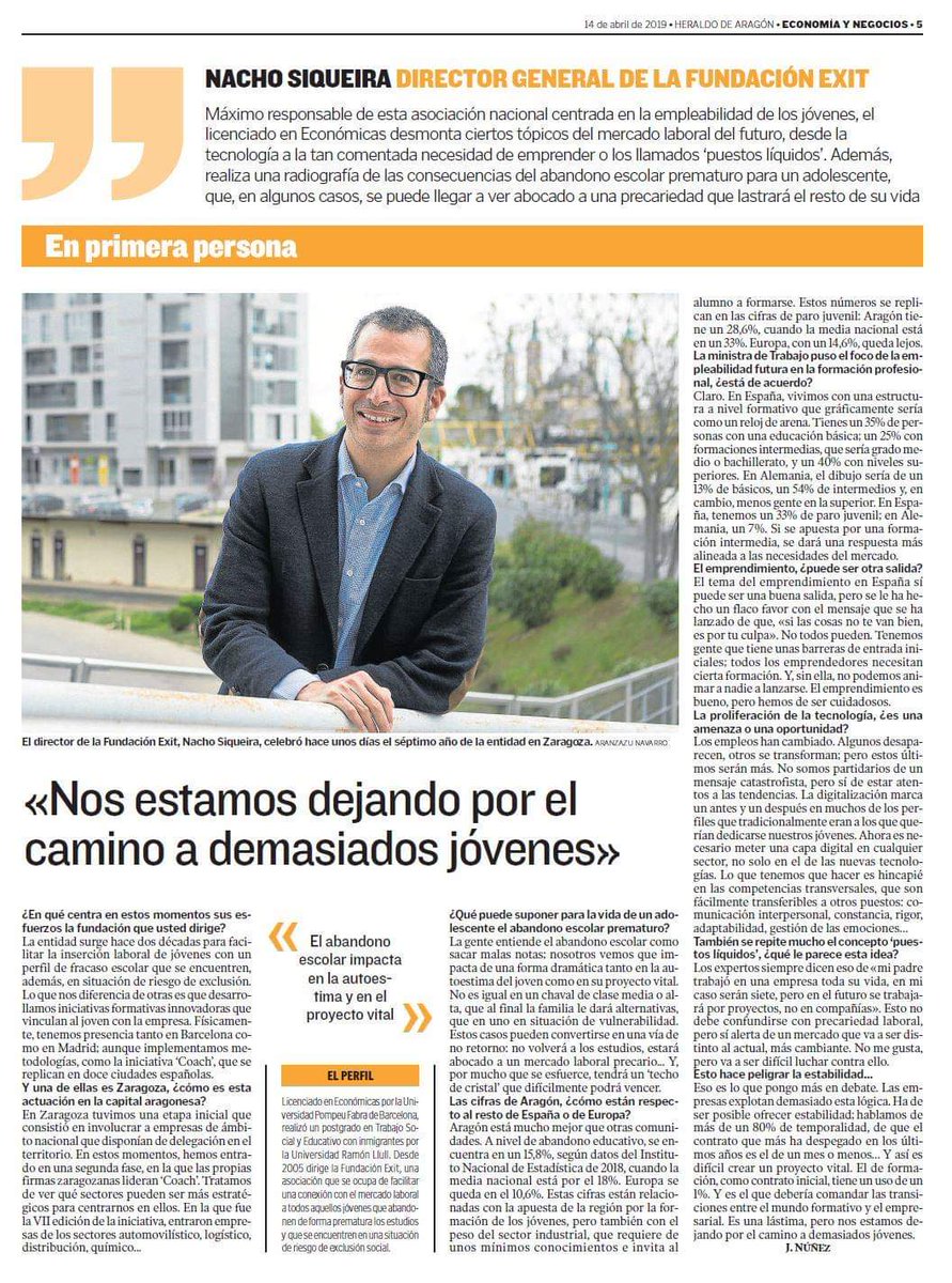 🗞️ Hoy en #economía y #negocios del <a href="/heraldoes/">Heraldo de Aragón</a> entrevista a @nachosequeira dir. de <a href="/fundacionexit/">Fundación Exit</a>  "el #abandonoescolar impacta en la #autoestima y el proyecto vital " #coachExit #VoluntariadoCorporativo