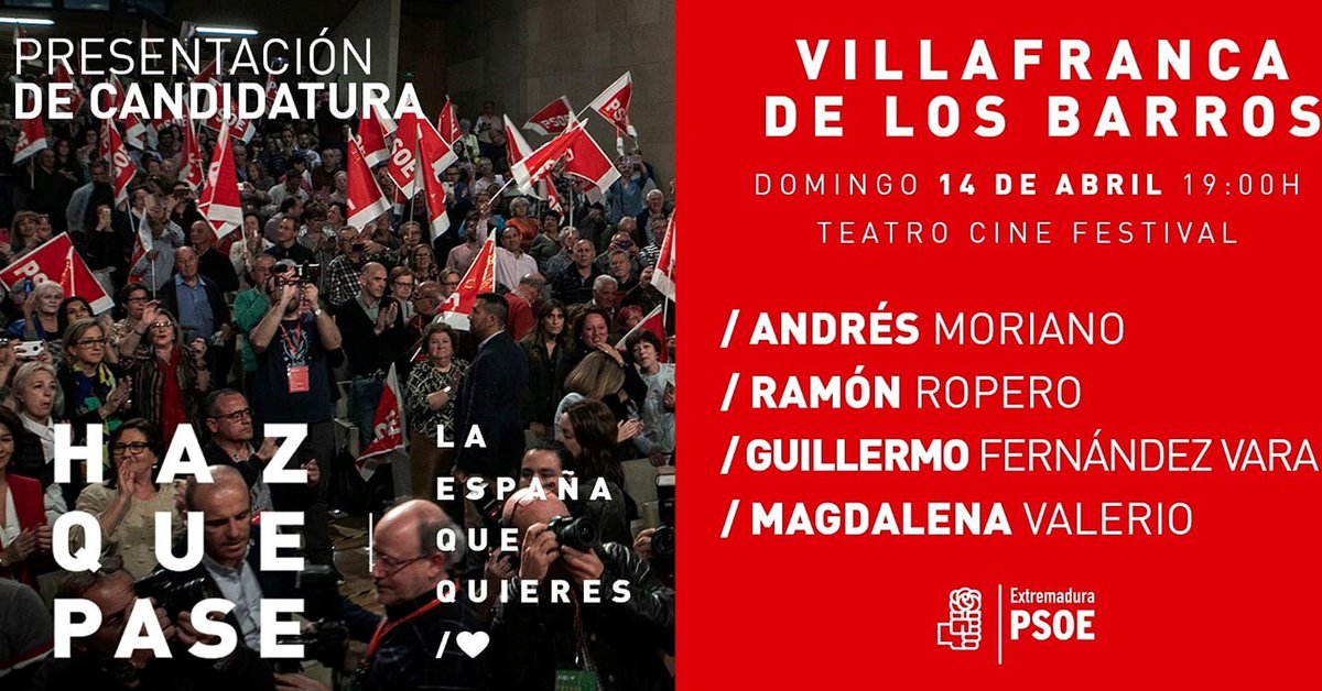 🗣 Te esperamos hoy domingo junto a <a href="/mvalerio_gu/">Magdalena Valerio</a>  <a href="/GFVara/">Guillermo Fdez Vara</a> <a href="/Ramon_Ropero/">Ramon Ropero</a> y <a href="/AndresMoriano/">Andrés Moriano</a> 👇

🕛 19:00 horas.
🏫Teatro Cine Festival
📍 Villafranca de los Barros

¡Acompáñanos! 🌹

#LaEspañaQueQuieres/❤ #HazQuePase
#VotaPSOE