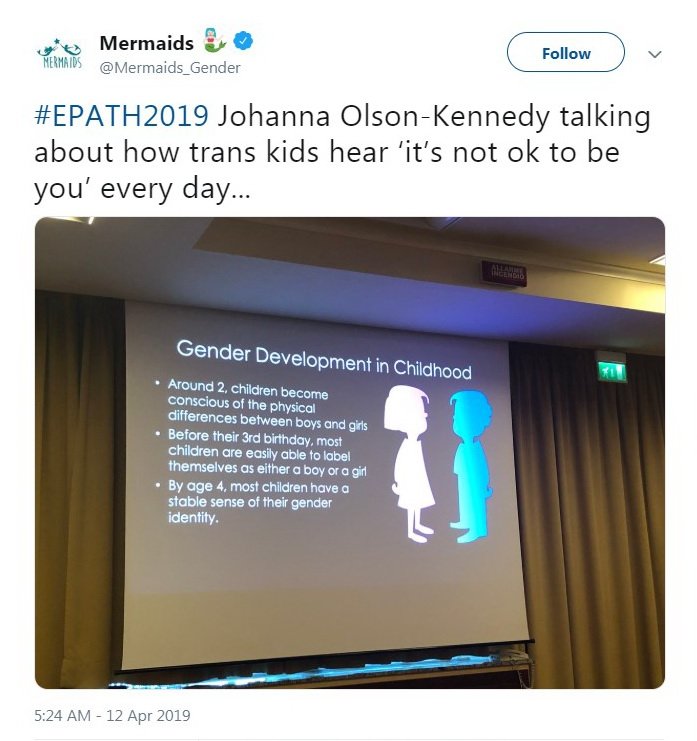 notgreener's tweet photo. Joanna Olson-Kennedy's presentation at #EPATH2019.
"By age 4, most children have a stable sense of their gender identity".

Dr. Olson-Kennedy, it's also known that childhood trauma can influence gender identity. 

Why the new pressure to affirm a child's sense of TRANSgender id? https://t.co/NmfMNy8NtT