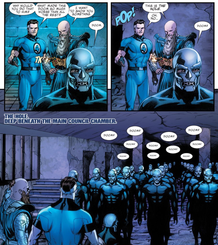 Another nice recurring Hickman motif.The "Council of Reeds" gathering and stockpiling Doom from across the multiverse evokes Doom's later use of the Black Swans to gather and stockpile Molecule Man from across the multiverse.(Fantastic Four #571/Secret Wars #5.)