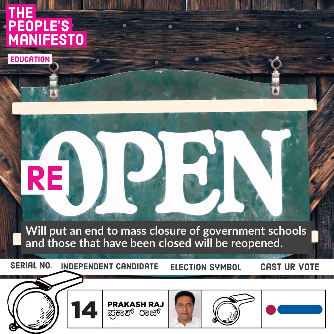 JoinPrakashRaj's tweet photo. THE PEOPLE’s MANIFESTO
Will put an end to mass closure of government schools and those that have been closed will be reopened.
#rebootbangalore with @prakashraaj
#WhistleGeVoteHaaki #bangalorecentral #independentcandidate #serialno14 #prideofkarnataka #voteforprakashraj https://t.co/s6uUdPmyKS