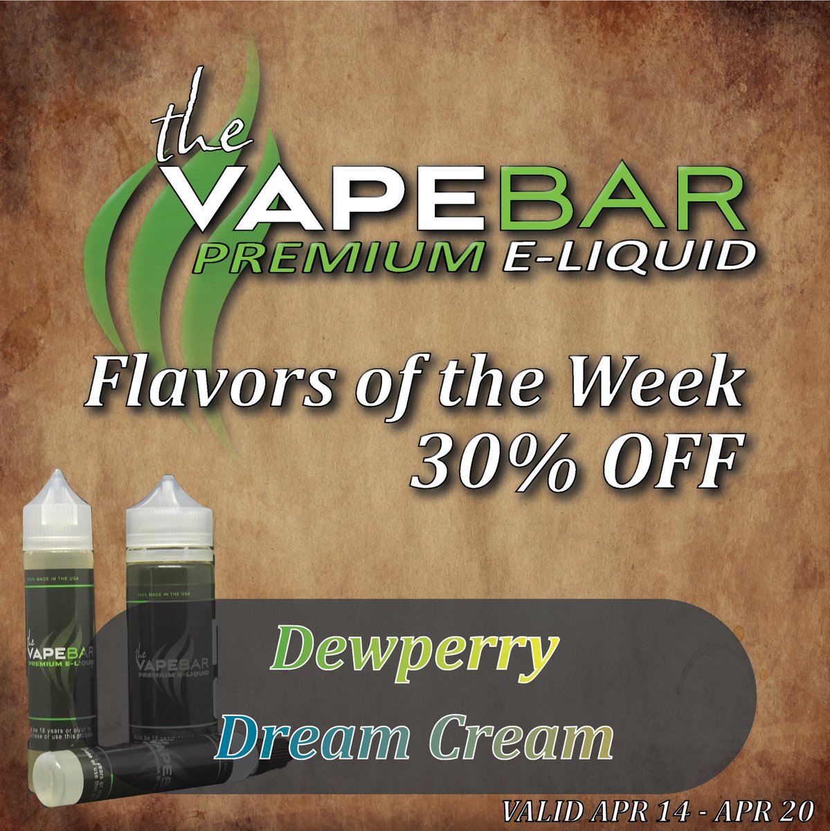 ***Flavors of the week***

**Come in and get 30% off the following flavors:

*Dewperry*
*Dream Cream*
#vape #vaper #vapenation #ejuice #eliquid #vapelife #vapedaily #vapeclouds #vapecommunity #vapesociety #thevapebar