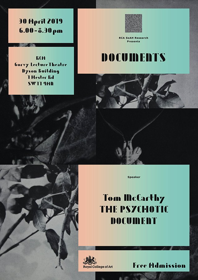 SoAH Research Presents (@rca_vclectures) on Twitter photo Coming up! 30th of April #TomMcCathy presented: 'The Psychotic Document'! Organised by <a href="/OlivierRichon/">Olivier Richon</a> with SoAH Research presents Documents Group <a href="/RCAartshuman/">RCAartshumanities</a> <a href="/RCA/">Royal College of Art</a> JOIN US! 6-8pm Design <a href="/stinsensqueeze/">stinsensqueeze</a> Live Broadcast on <a href="/thisistomorrow_/">this is tomorrow</a> @juancruz_rca @pwthompson_RCA Coming up! 30th of April #TomMcCathy presented: 'The Psychotic Document'! Organised by <a href="/OlivierRichon/">Olivier Richon</a> with SoAH Research presents Documents Group <a href="/RCAartshuman/">RCAartshumanities</a> <a href="/RCA/">Royal College of Art</a> JOIN US! 6-8pm Design <a href="/stinsensqueeze/">stinsensqueeze</a> Live Broadcast on <a href="/thisistomorrow_/">this is tomorrow</a> @juancruz_rca @pwthompson_RCA