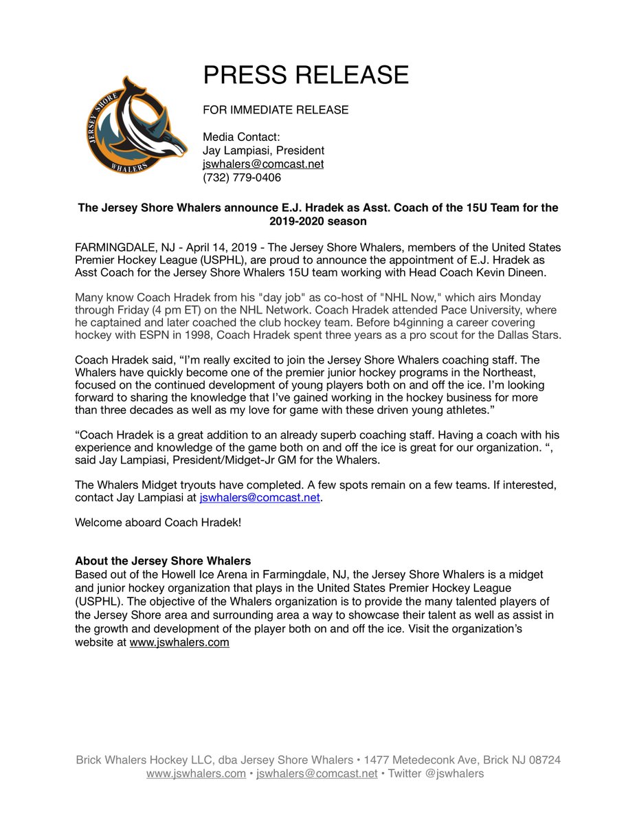 **BREAKING NEWS** E.J. <a href="/EJHradek_NHL/">E.J. Hradek</a> joins the Coaching Staff of the @JSWhalers. <a href="/USPHL/">USPHL</a> <a href="/usajuniorhockey/">USA Junior Hockey Magazine</a> Welcome Coach!