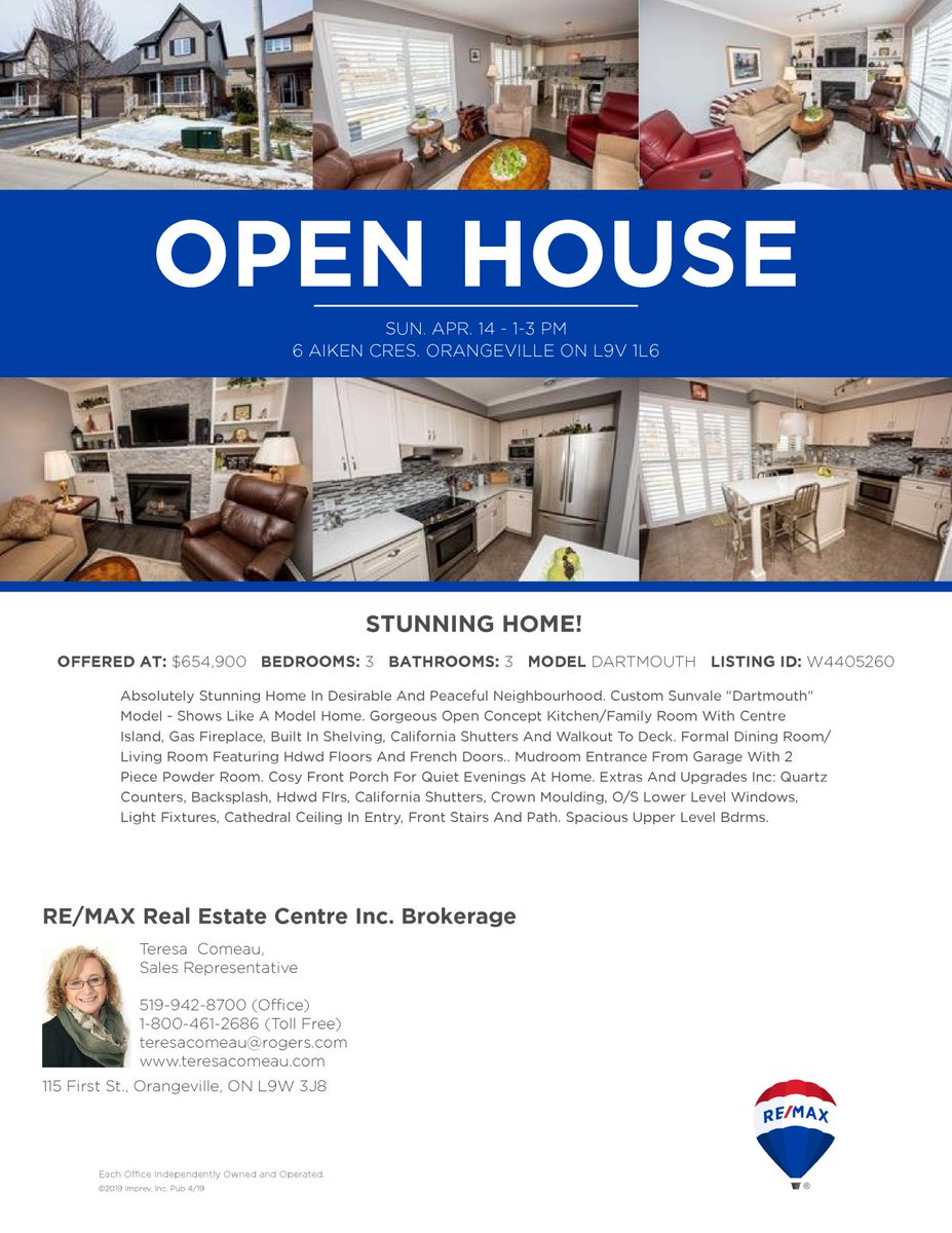 Open House Today 1-3pm 6 Aiken Cres., Orangeville mls w4405260 $654,900 3 Bdrm, 3 Bath Stunning Home!  See you there!