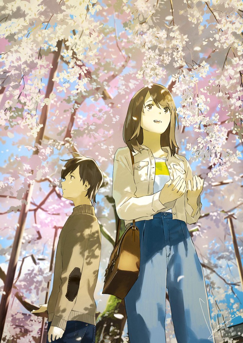 1girl 1boy cherry blossoms looking up outdoors pants brown hair  illustration images