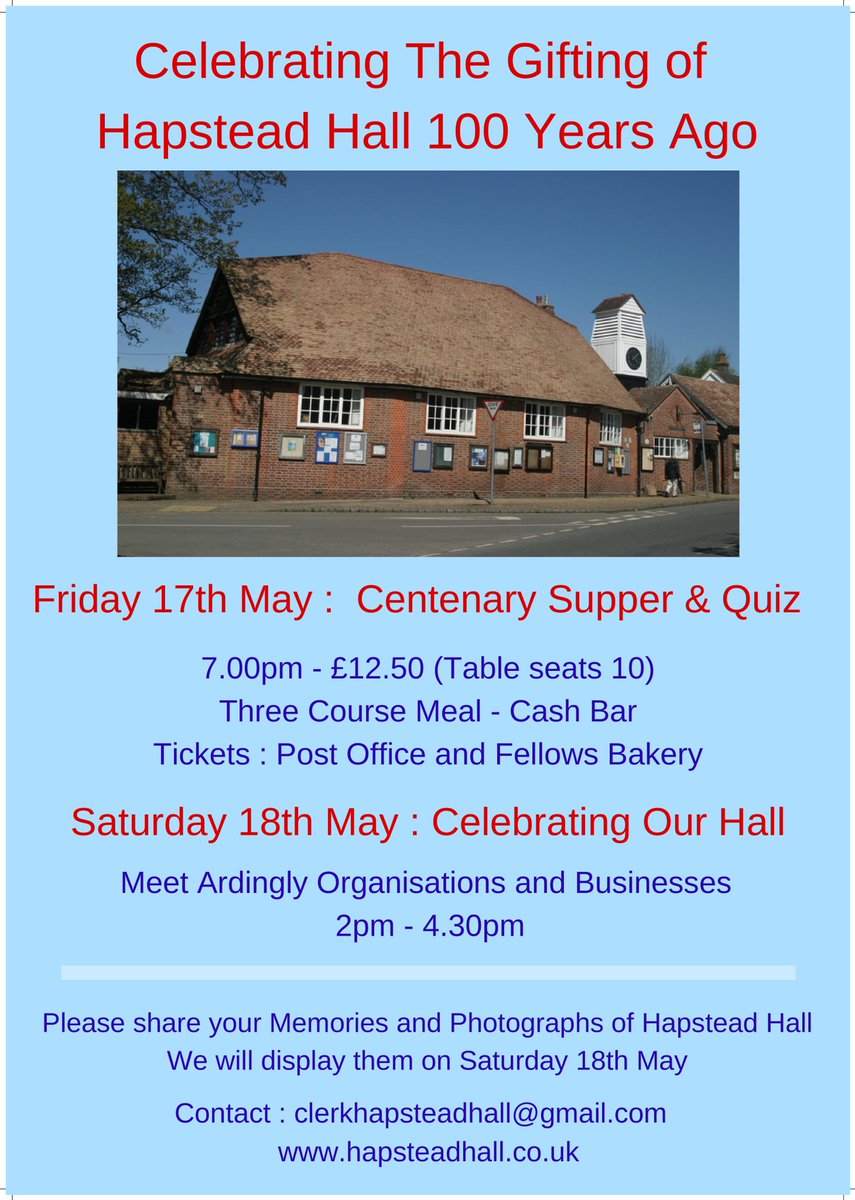 Hapstead Hall Centenary Supper &amp; Quiz
Friday 17th May
Tickets now available from Fellows Bakery and Post Office