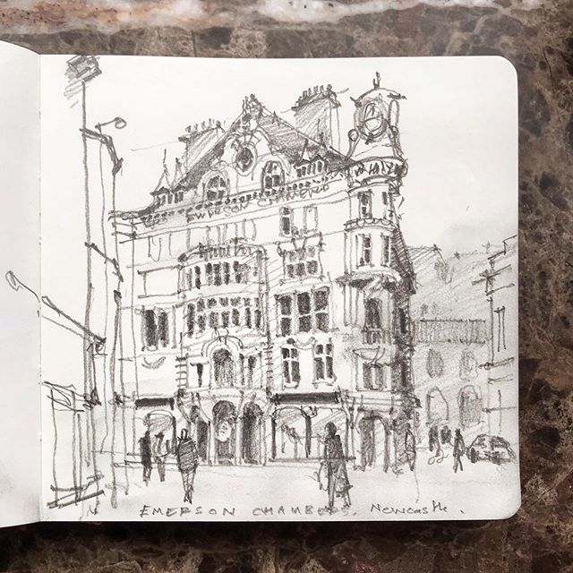 JonathanBrayArt's tweet photo. Newcastle’s best building?  Emerson Chambers (1903): a riot of Art Nouveau garlands, scrolls, towers and clock towers.

#archisketcher #newcastle #emersonbuildings #gradeiilisted #drawing #sketchbook #1903 https://t.co/wEs93xnq71 https://t.co/IqkkM8hiV3