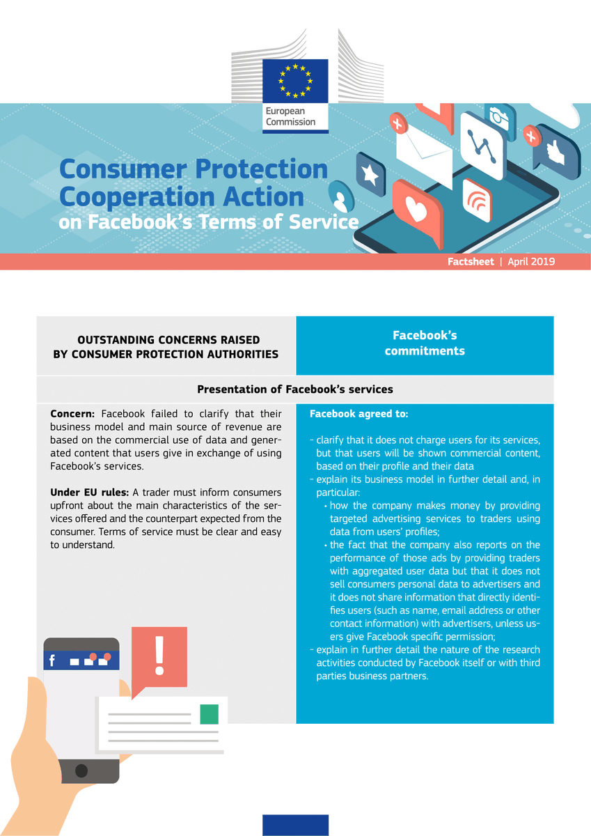 EU_Commission's tweet photo. This week Facebook agreed to change its terms. Now users will clearly understand that their data is used to sell targeted ads. 
By joining forces with consumer authorities, we stand up for the rights of EU consumers.
More on the commitments ↓ https://t.co/3o06PKrzTi