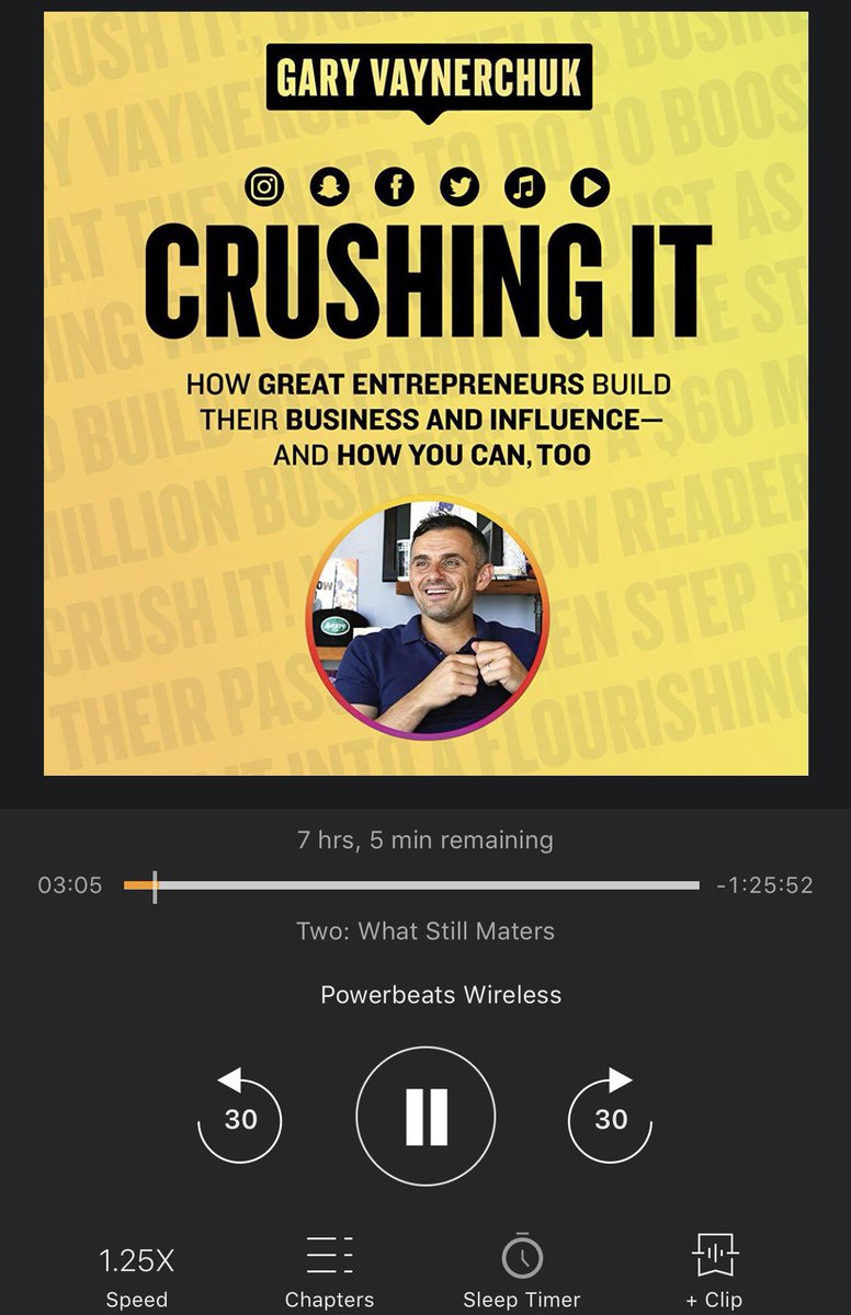 BDMillennial's tweet photo. Damn! So happy I got @audible_com version of #crushingit. The side notes and off script updates are amazing. 🤩  Go get the audio version as well as reading it, so many hidden 💎 @garyvee @VaynerMedia #business #Entrepreneur #personalbrand #sales https://t.co/Nu6GSIomUG