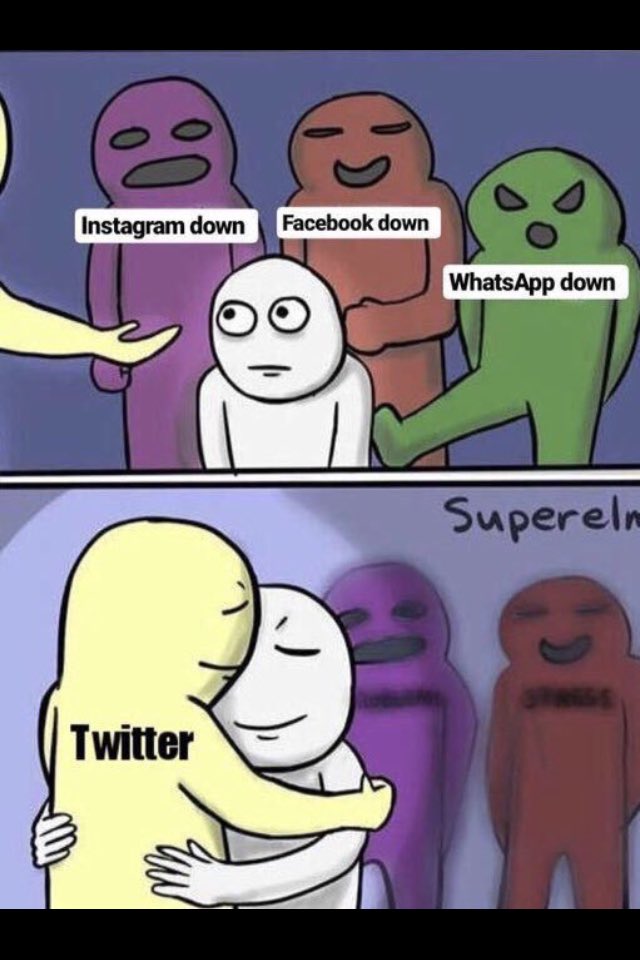 DeepPanchal91's tweet photo. #whatsappdown #instagramdown #whatsappdown
Me:
check WiFi
disconnects WiFi
reconnect WiFi
restarts phone
check whatsapp, FB &amp; Insta

finally checks Twitter https://t.co/SSTd8WUjUl
