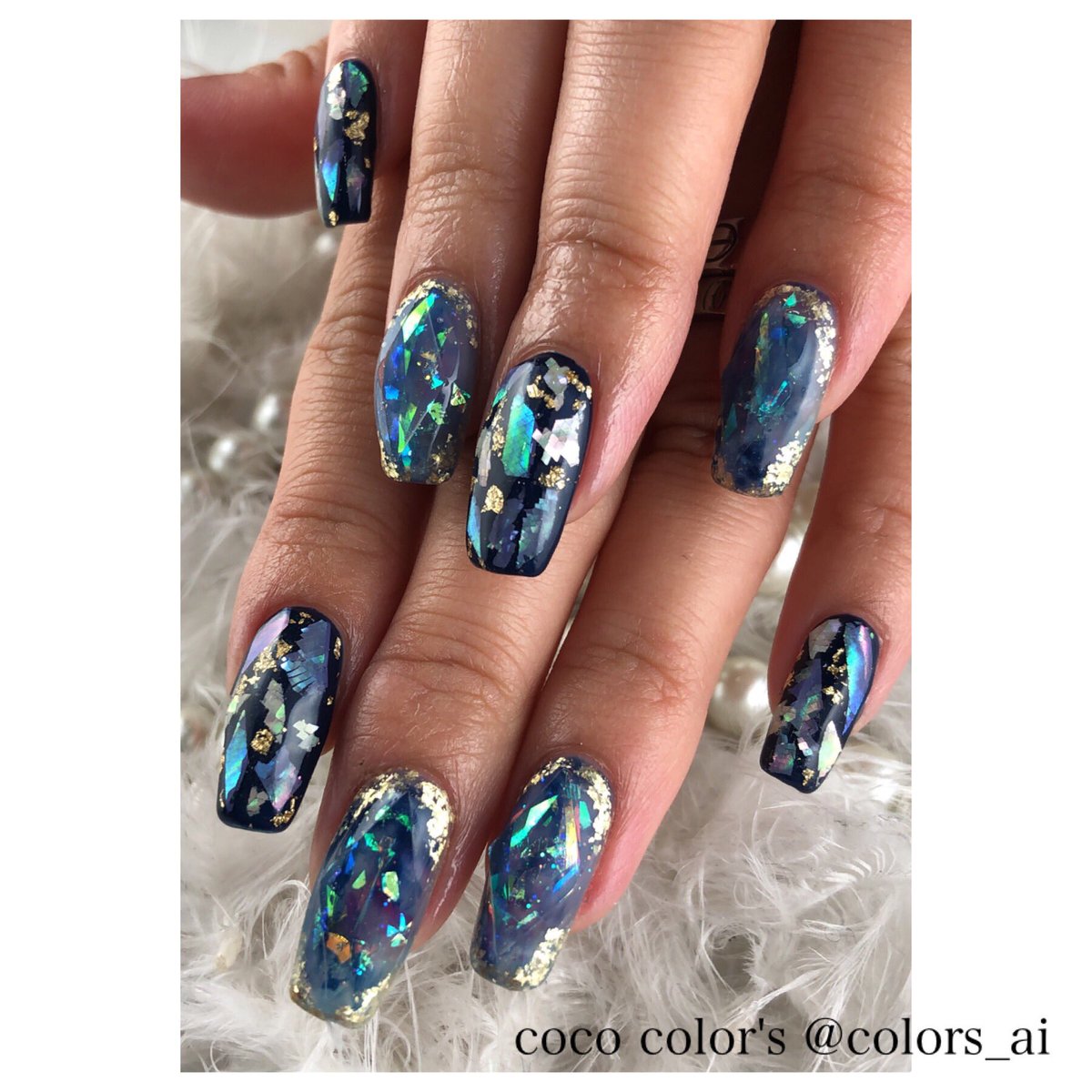 Color Sすずきあい Auf Twitter お客様ネイル キラキラたっぷりの宝石ネイル ネイビーベースのシェルフレークもキラキラ ジェルネイル