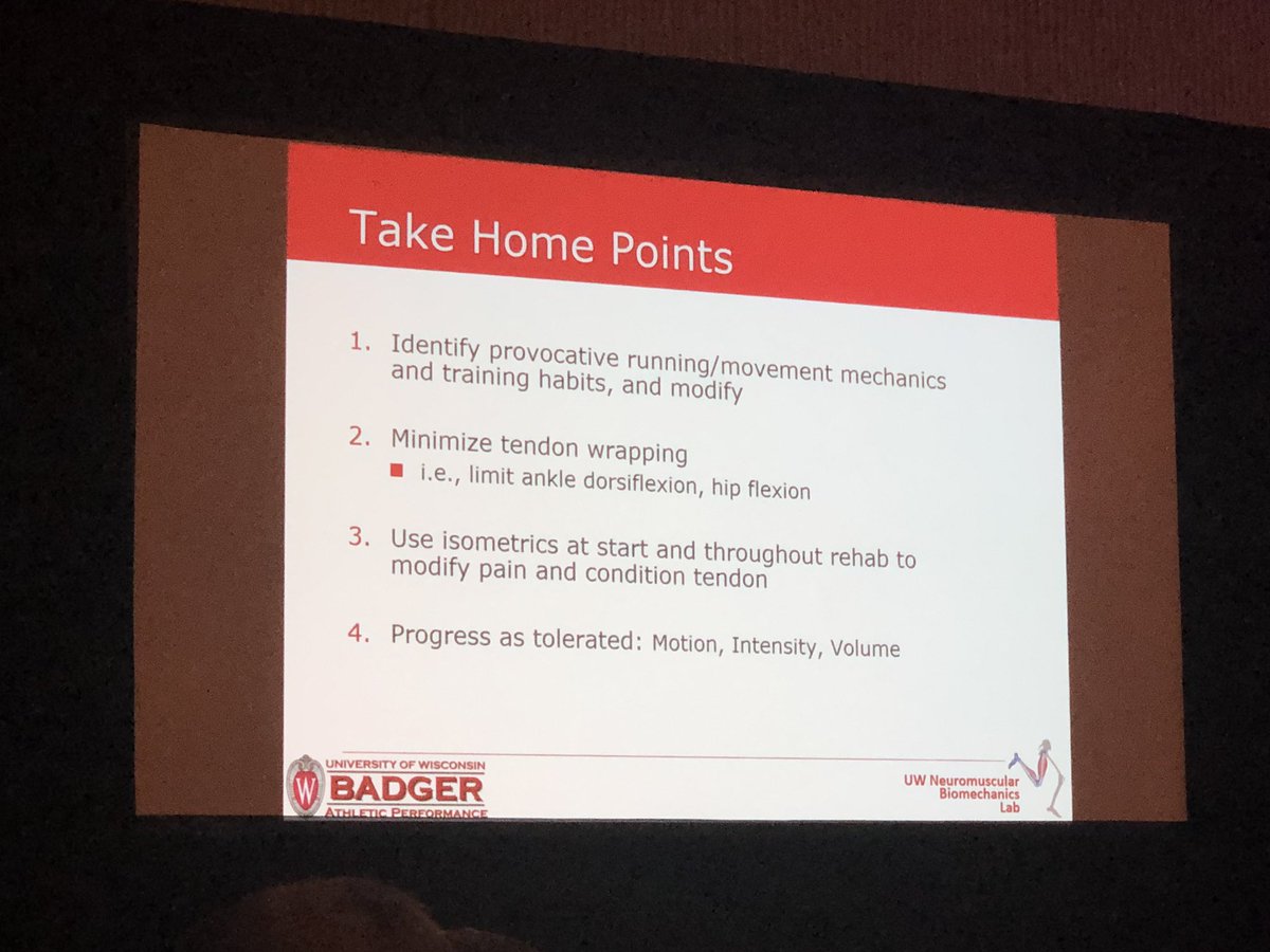 Tendon loading, revisiting Alfredson 10 yrs later = progress slowly! Isometric to eccentric strengthening adding range 📐then load 🏋️‍♂️before transitioning to low level plyometrics then dynamic return to sport. 🗝s 1)Limit “wrapping” (&gt;90 deg) 2)Increase step rate 🏃‍♂️#amssm2019