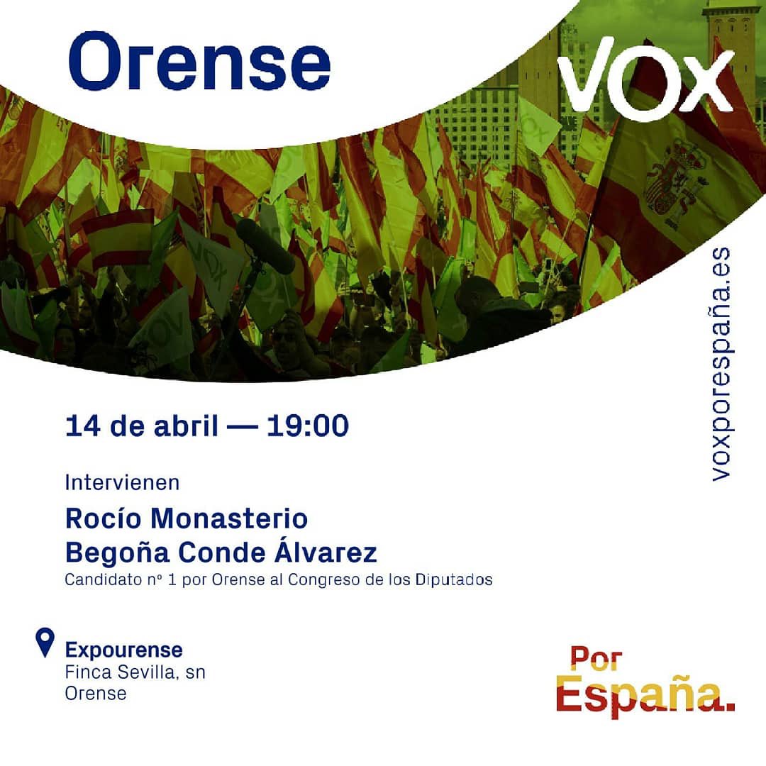 BCondeVOX's tweet photo. A las 19:00 h. estaré en Expourense. Os espero junto a @monasterioR. #PorEspaña 🇪🇸 https://t.co/ayExJph93Y