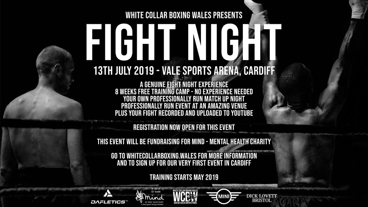 WCBW_Events's tweet image. Get fit for summer with White Collar Boxing Wales 🏴󠁧󠁢󠁷󠁬󠁳󠁿

8 Weeks FREE Training 💪🏻
Fight in front of a SOLD OUT crowd 🥊
Fundraise for @MindCharity 🧠

Sign up's are now open for our second event on 13th July 2019. You can get involved by going to bit.ly/WCBWSignUp