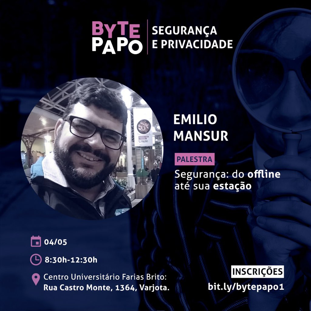 Confira a programação do próximo Byte Papo: Segurança e Privacidade 

Vamos ouvir a palestra de Emilio Mansur mostrando o “caminho” dos hackers/crackers até seu computador/tablet/smartphone 

Inscrições em bit.ly/bytepapo1