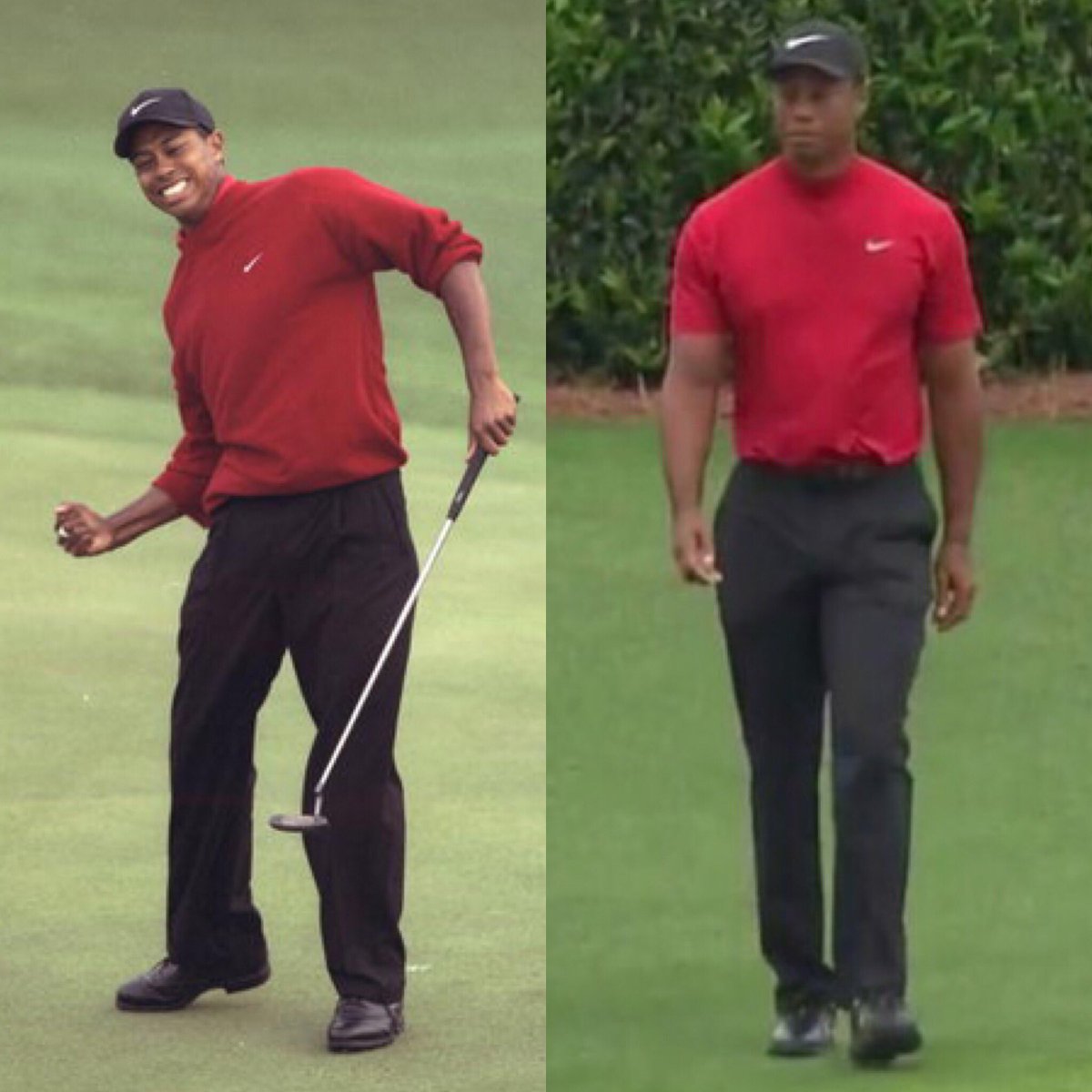 Tiger’s #SundayRed looking a LOT like it did in 97 when he got his first Masters win. Solid black <a href="/Nike/">Nike</a> hat with no logos on the side, solid red shirt with swoosh (too hot for a sweatshirt)... he did it on purpose and I’m about to lose my mind with excitement. #TheMasters #Tiger