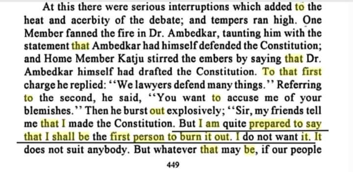 Ambedkar wanted to burn Constitution. We should stop calling him "father of constitution".He said: "my friends tell me that I made the Constitution. But I am quite prepared to say that I shall be the first person to burn it out."Source :- Dr. Ambedkar: Life and Mission, p.449