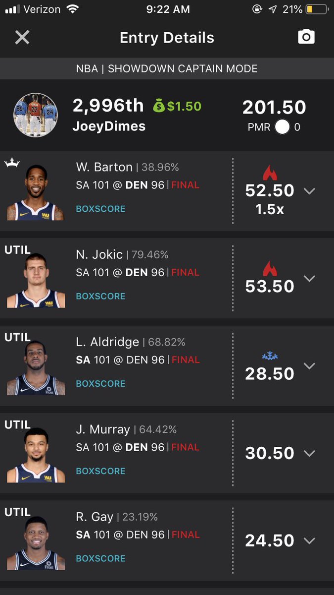 DimesJoey's tweet photo. 2 @NBA @DraftKings entry’s 1 - $0.25 showdown ...1- $0.25 -2 game classic sleight #smallprofits https://t.co/0k9V6O1Ct9