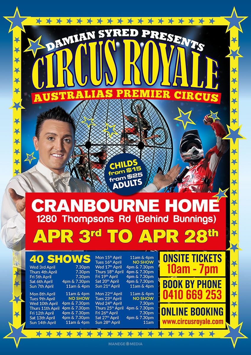 D_S_Presents's tweet photo. @circusroyale IS SHOWING at @cranbournehome behind the @bunnings until the 28th of April 
👨‍👩‍👧‍👦 The perfect school holiday activity 
Games- rides - fairy floss - popcorn - acrobats - globe of death - magic and more 
➡️ BOOK NOW TO AVOID MISSING OUT 
🌐https://t.co/qKFWt637QQ https://t.co/sxeysQdTVx