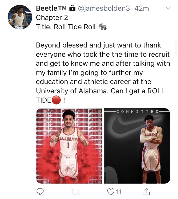 KYAllStarGame's tweet image. 🚨🚨BREAKING NEWS🚨🚨
After leaving the WVU team a few months ago, 2015 Kentucky All-Star James “Beetle” Bolden (@jamesbolden3) announces that he has committed to the University of Alabama (@AlabamaMBB) and will finish his college career with the Crimson Tide.