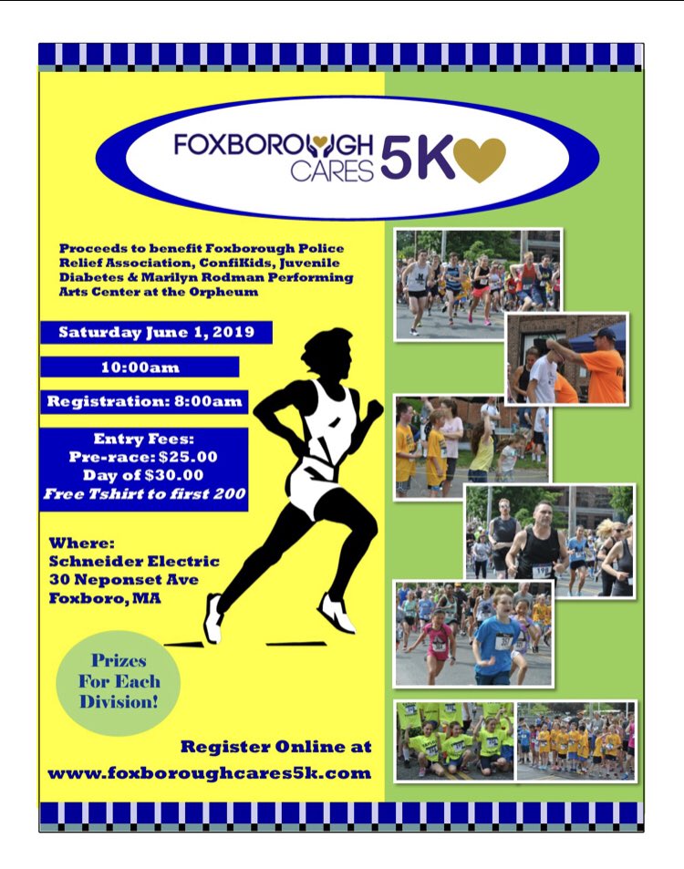 2nd Annual Foxborough Cares 5k June 1st at 10 am 
#foxboroughcares5k
#supportlocal5k
#allrunnersandwalkerswelcome