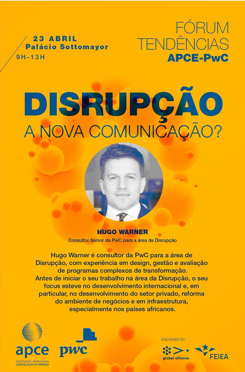 Hugo Warner é consultor da PwC para a área de Disrupção, com experiência em design, gestão e avaliação de programas complexos de transformação.
Será um dos Keynote Speakers do Fórum Tendências APCE-PwC na manhã de 23 de abril.
#apce #forumtendencias