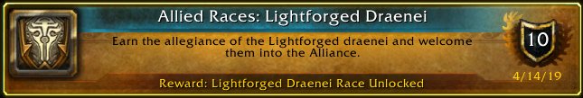 I just earned the [Allied Races: Lightforged Draenei] Achievement! #Warcraft