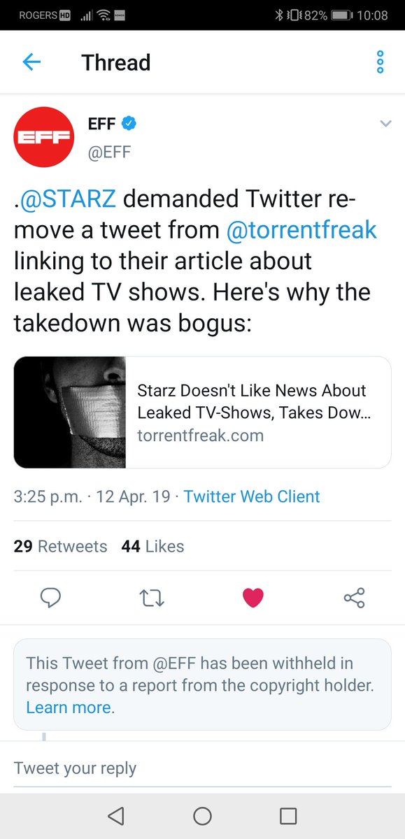 mathewi's tweet photo. This tweet from the @EFF about the Starz tweet takedown has also been removed, just like mine https://t.co/XCyh8IMTwM