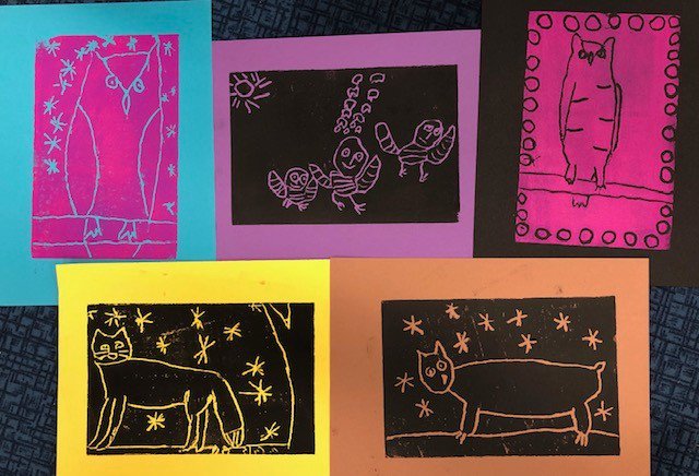 2nd-graders in Mrs. Gerson’s class have finished their Styrofoam prints. Students began by drawing animals on paper, etching their pictures into Styrofoam plates and finished by rolling ink over them.  Check out their great etchings in the K-4 hallway #cvsdvt #ccscvsd
