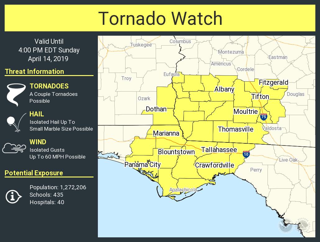 NWSTallahassee's tweet photo. A tornado watch has been issued for parts of Alabama, Florida and Georgia until 4 PM EDT https://t.co/v1yLHmPJLB