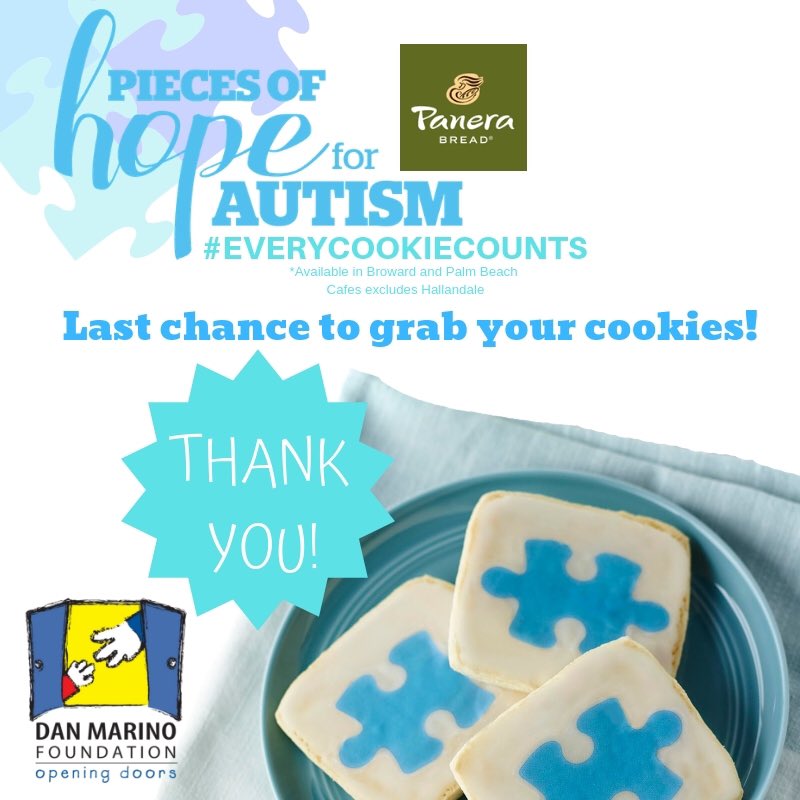 DanMarinoFdtn's tweet photo. Today is the last day to purchase your “Pieces of Hope” 🧩 cookies from participating @panerabread #covellienterprises cafés in Broward and Palm Beach Counties. 100% of the proceeds from every cookie sold will benefit our Foundation. Pick up yours today! 
#EveryCookieCounts https://t.co/7ItMcxToTZ