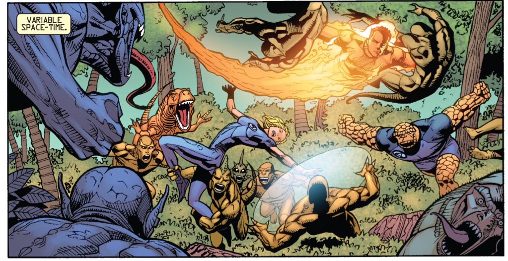You could (at a stretch) argue that "Dark Reign: Fantastic Four" prefigures "Secret Wars" by having multiple iterations of characters traverse multiple worlds within the confines of a single space.(Yes, the pirates are a Lee/Kirby shoutout.)(Dark Reign: Fantastic Four #2.)