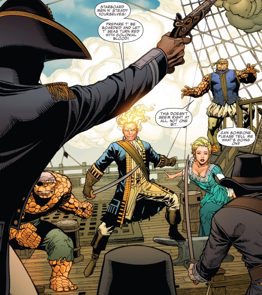 You could (at a stretch) argue that "Dark Reign: Fantastic Four" prefigures "Secret Wars" by having multiple iterations of characters traverse multiple worlds within the confines of a single space.(Yes, the pirates are a Lee/Kirby shoutout.)(Dark Reign: Fantastic Four #2.)