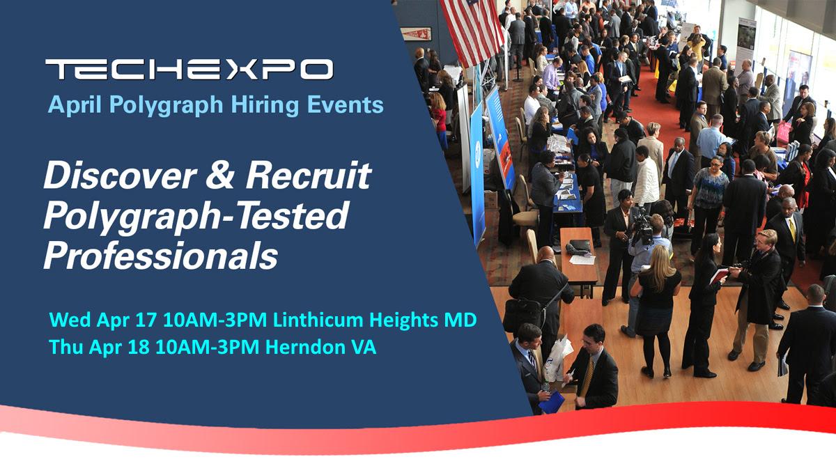 Got TS/SCI Poly? Hiring Events by TechExpo at BWI Linthicum MD 17 Apr, and Herndon VA 18 Apr >>> See Bill Golden with IntelligenceCareers .com for resume review! ... @ICDefenseJobs @TechExpoJobFair bit.ly/2YQrJaf