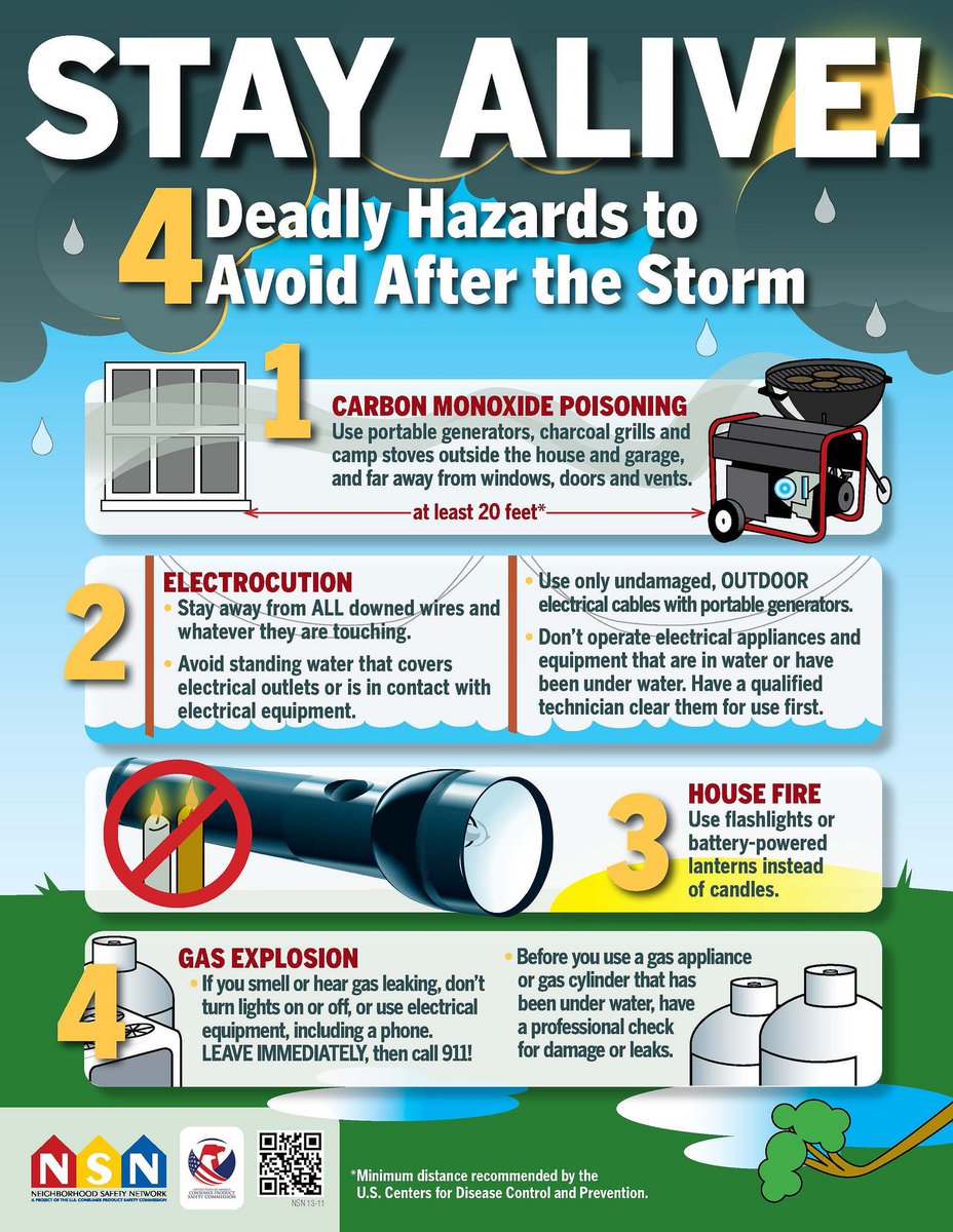 Stay alive after the storm. Keep portable generators outdoors and at least 20ft away from your home. Make sure you have working carbon monoxide alarms.