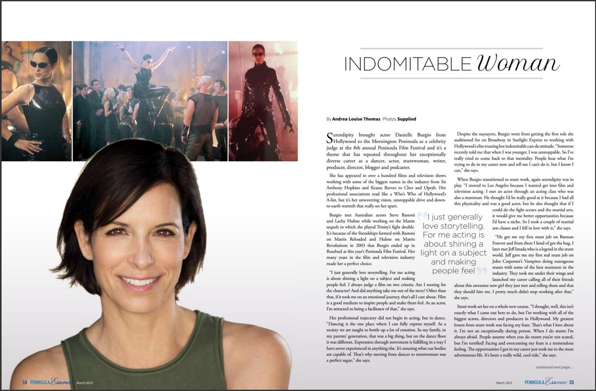 Indomitable Woman INDEED! Great article by #PeninsulaEssence on the incredibly talented, kind & beautiful #DanielleBurgio @DaniBurgio1111 aka #Trinity from #TheMatrix 💪🏽🔥 
#StandUpForStunts #IfshecanseeitshecanBEIT