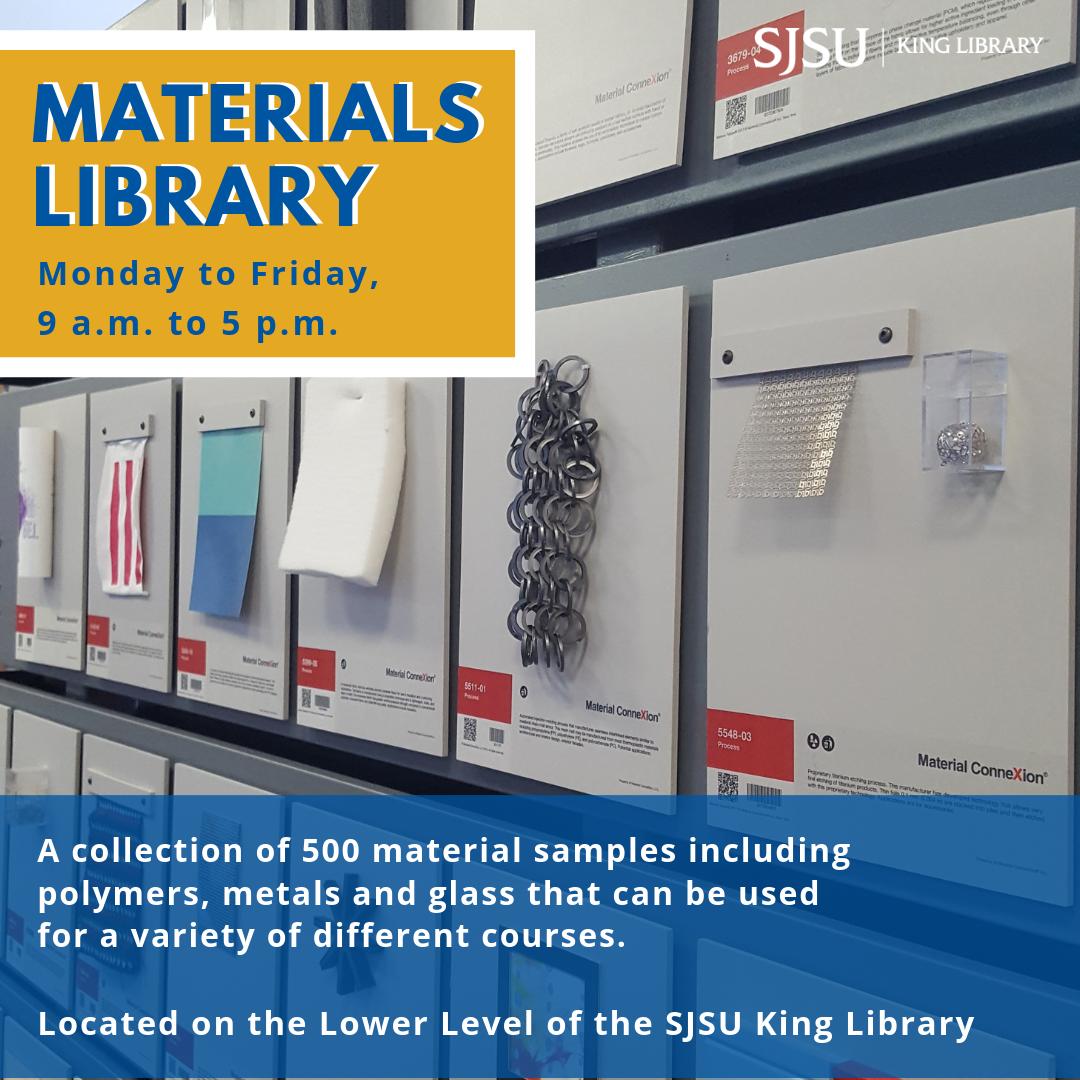 sjsulibrary's tweet photo. The Materials Library is a collection of 500 material samples located on the lower level of #sjsulibrary. The collection has samples of polymers, metals, glass and ceramics that Spartans can evaluate and experience. #techyes #spartanup #sjsu  #materialsamples #interiordesign https://t.co/DN7eQbl9eY