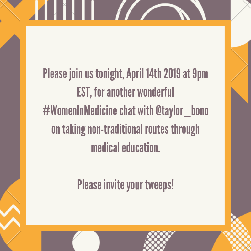 womeninmedchat's tweet photo. In 5 hrs! Plz join us 2nite, April 14/19 @ 9pmET, 4another wonderful #WomenInMedicine chat w/ @taylor_bono on taking non-traditional routes through #meded. 

Plz invite UR tweeps! 

#hcsm #FOAMed #girlmedtwitter #medtwitter #ILookLikeASurgeon #HeForShe #SomeDocs #PROWD #sheMD https://t.co/HtOXrIbv5C