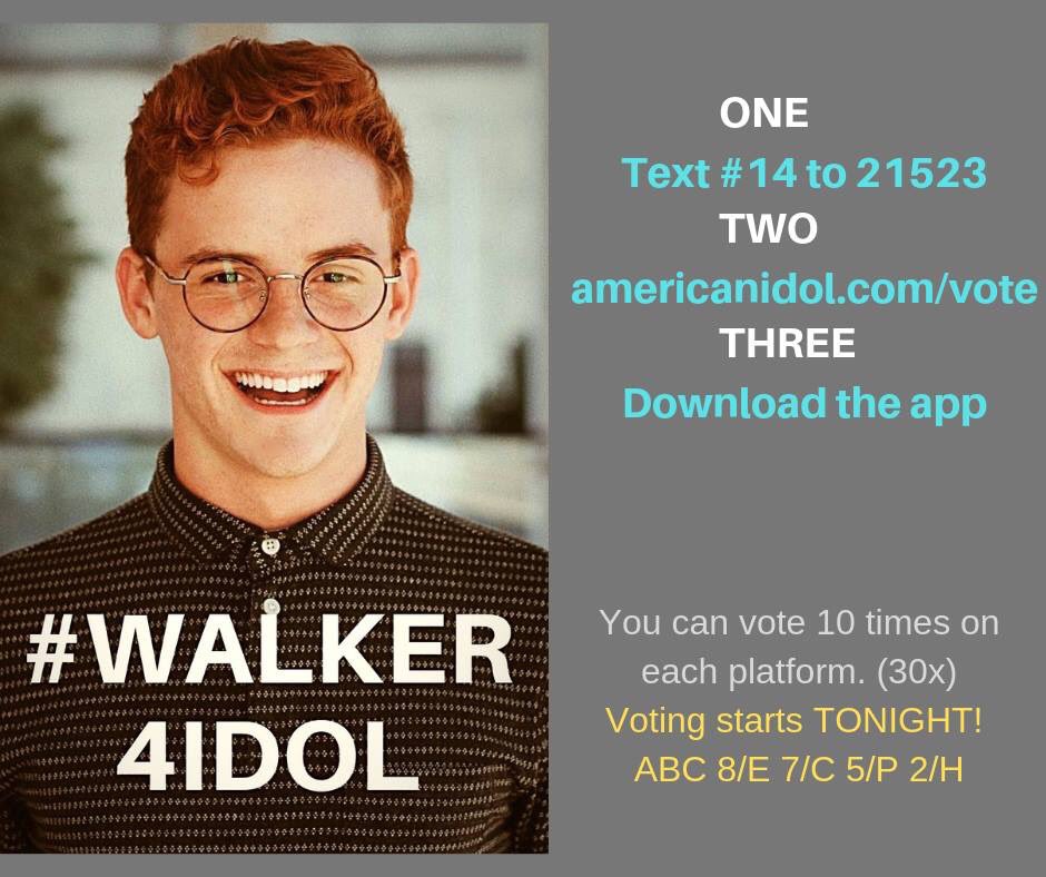 ColleenWB's tweet photo. Today on @ABCNetwork  voting for Top Ten begins on @AmericanIdol @WalkerBurroughs #Walker4Idol https://t.co/dgh5SdIICd