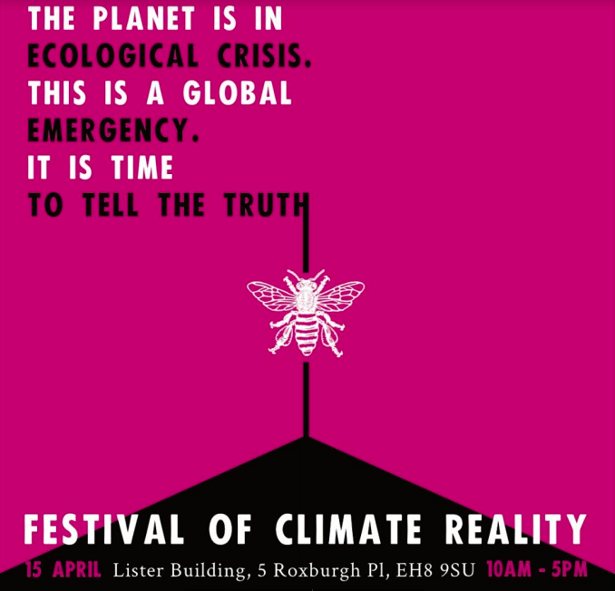 ScotlandXr's tweet photo. Awesome programme for our #ExtinctionRebellion Scotland Festival of Climate Reality. 15 April, 10am-5pm, 5 Roxburgh Place, Edinburgh EH8 9SU https://t.co/rKQE7KVJrW
